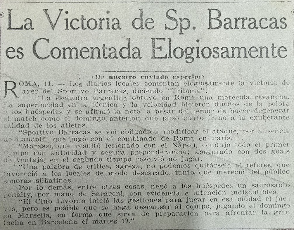 El resultado de Sp. Barracas es comentado elogiosamente - Gira internacional de Sportivo Barracas